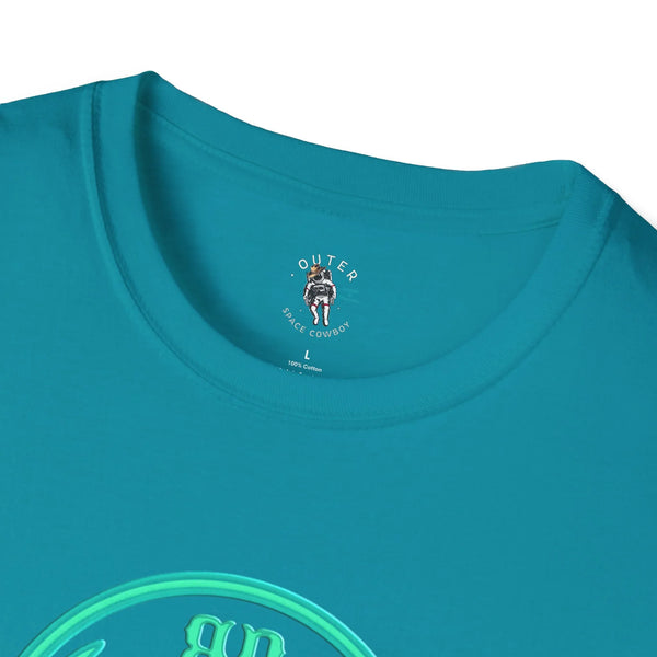 Teal crew-neck T-shirt with small “Outer Space Cowboy” logo at chest