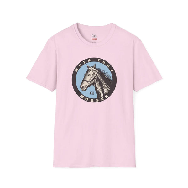 Light pink crew-neck T-shirt with circular Old World Horses graphic on the chest