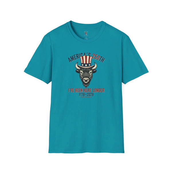 Men's western graphic t-shirt, teal with bison Uncle Sam-style emblem and date text print