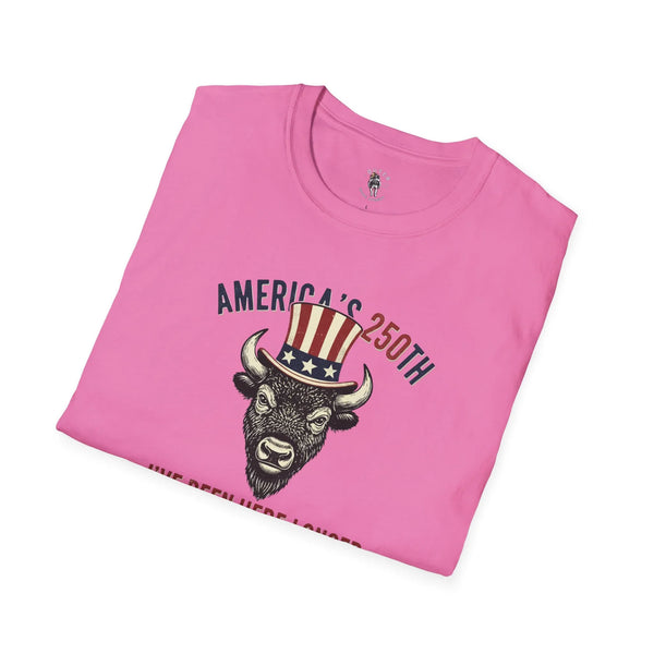 Pink graphic western t-shirt with bison portrait and “America’s 250th” print