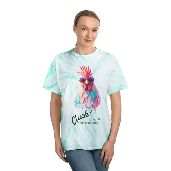 Mint tie-dye T-shirt on model with rooster graphic and “Cluck” text