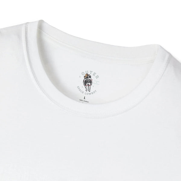 Men's white T-shirt neckline with small cowboy space logo and “100% Cotton”