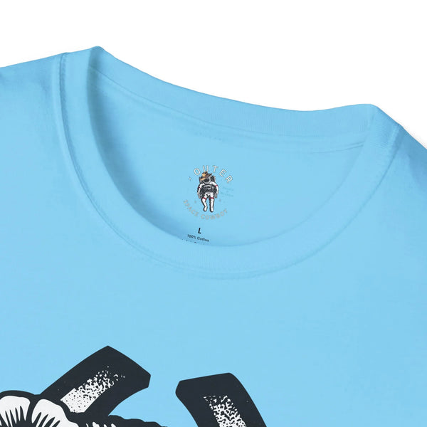 Sky blue crew-neck T-shirt with small chest logo near collar