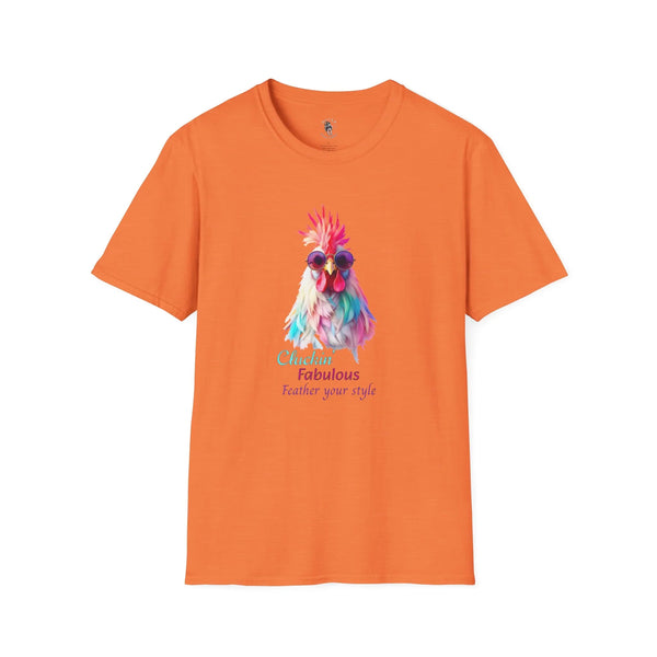 Orange women’s western tee with colorful feathered chicken graphic on front