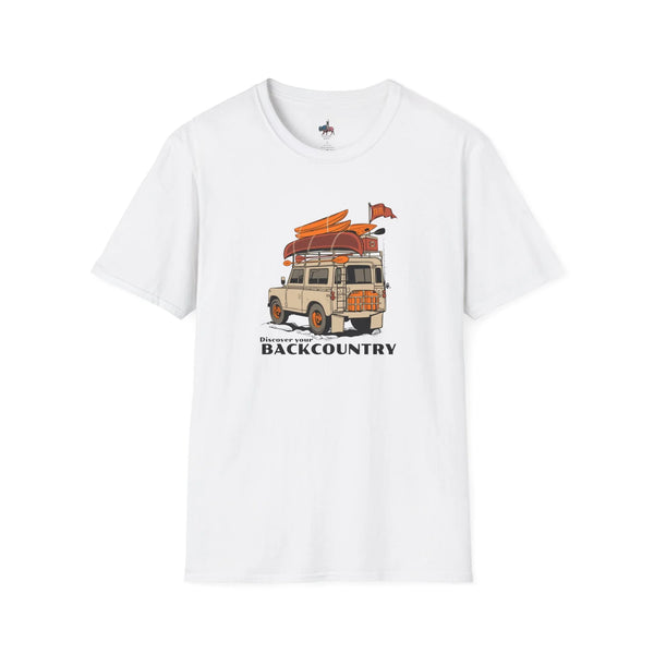 White short-sleeve T-shirt with front van and surf graphic print