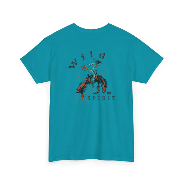 Tropical blue crewneck T-shirt with centered back Western graphic and barbed wire text