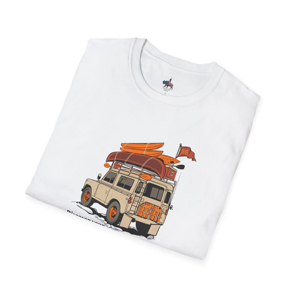 White crew-neck T-shirt with colorful off-road truck graphic on chest
