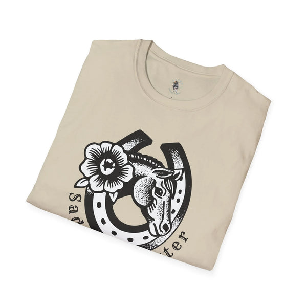Beige cowgirl graphic T-shirt with floral and horse head print