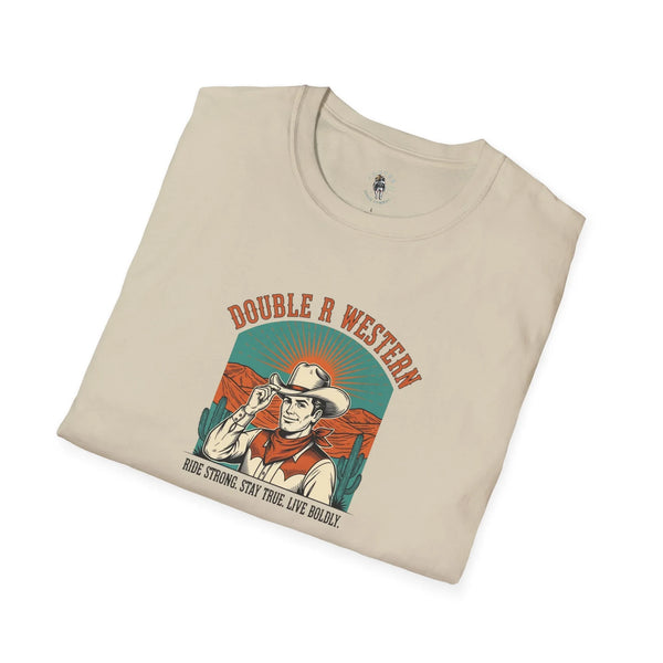 Sand beige western graphic T-shirt with cowboy illustration and “DOUBLE R WESTERN” text