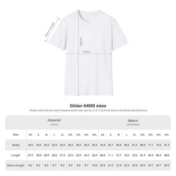 T-shirt size chart diagram with width, length, and sleeve length measurements