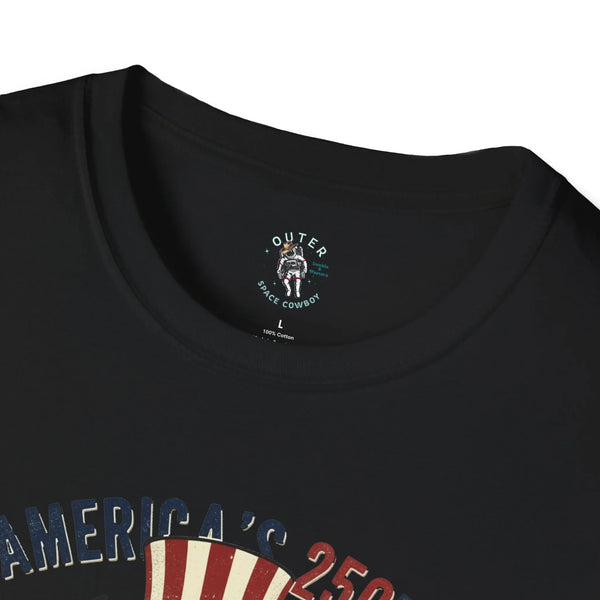 Men's western graphic t-shirt close-up, black collar with small brand logo and partial bison print