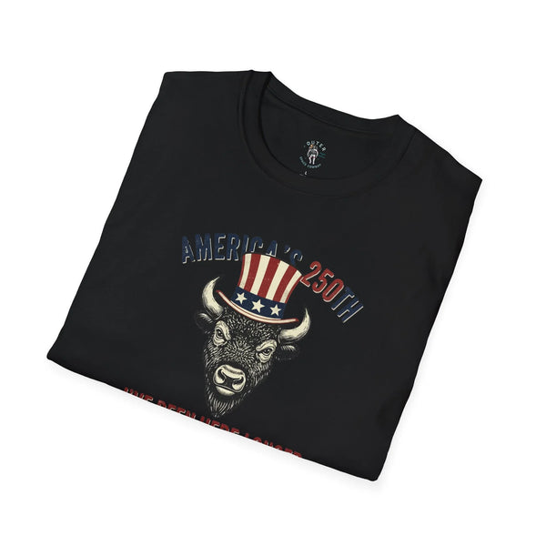 Men's western graphic t-shirt, black with angled bison Uncle Sam-style emblem print