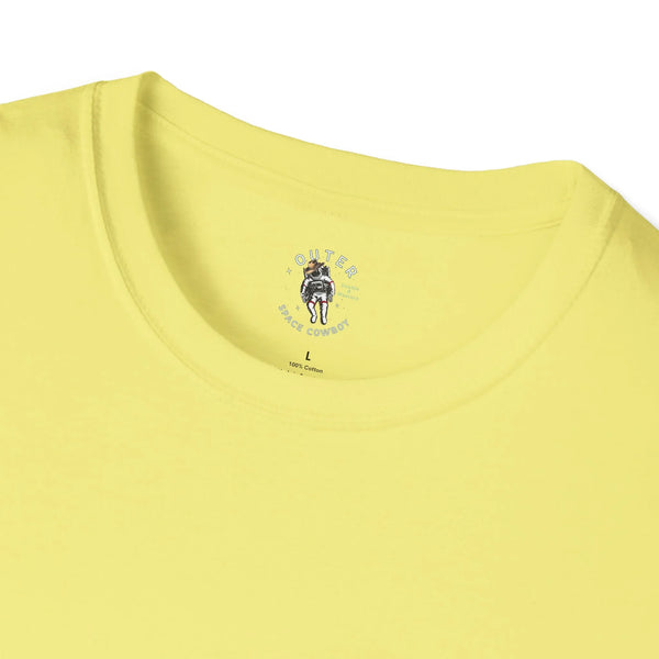 Men's heavy cotton tee in yellow with small robot graphic at crew neck