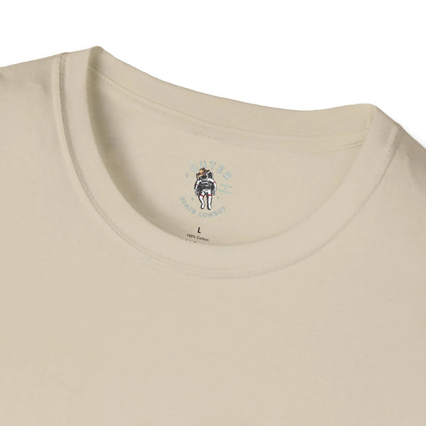Sand crew-neck tee close-up with small chest cowboy graphic