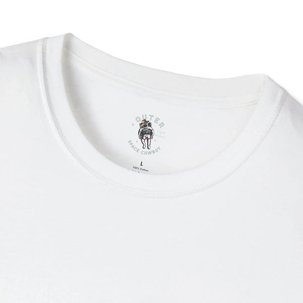 Men's heavy cotton tee in white with small robot graphic at crew neck