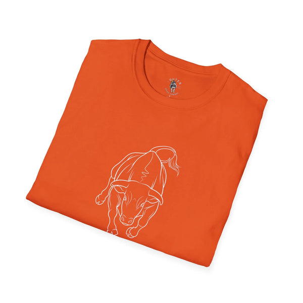 Orange short-sleeve tee with "OUTER" space cowboy text and line-art bull rider