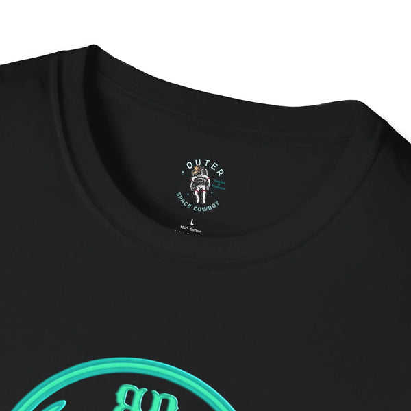 Black crewneck tee collar with small circular brand label text