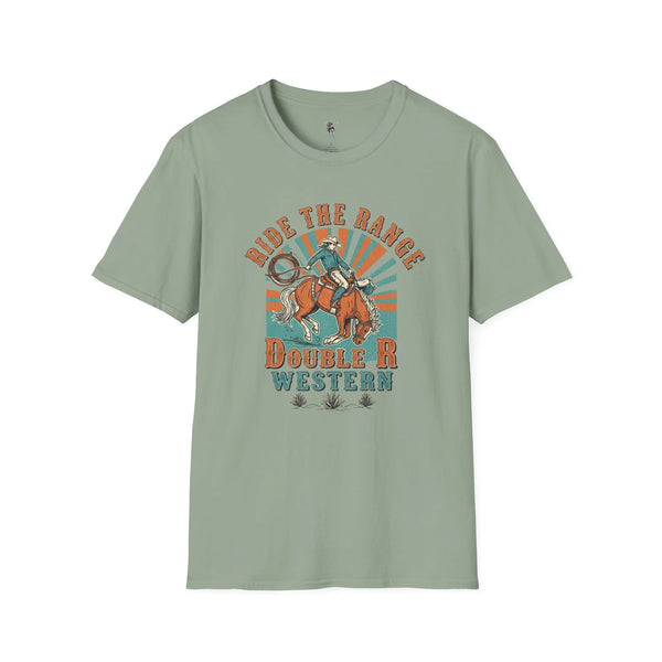 Sage western graphic T-shirt with cowboy on horseback and “Double R Western” text