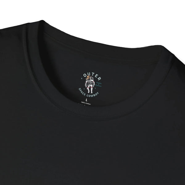 Men's black T-shirt neckline with small cowboy space logo and “100% Cotton”