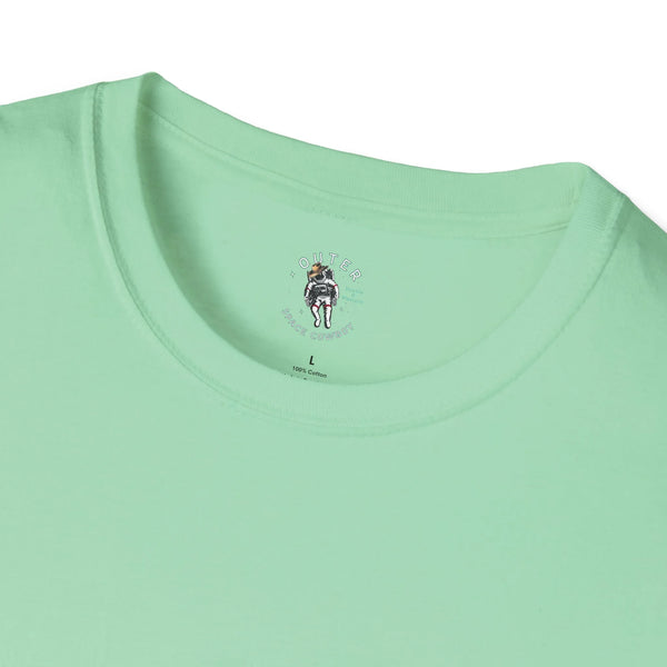 Mint green T-shirt neckline detail with small inner neck branding text and logo