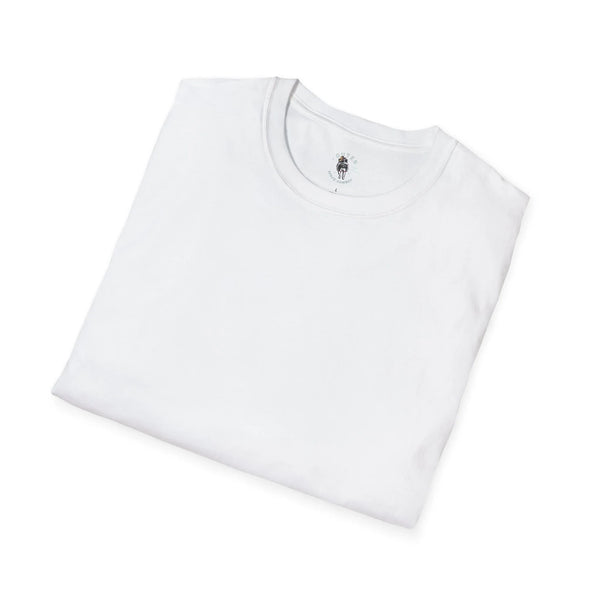 White crew-neck tee with small chest graphic, short-sleeve