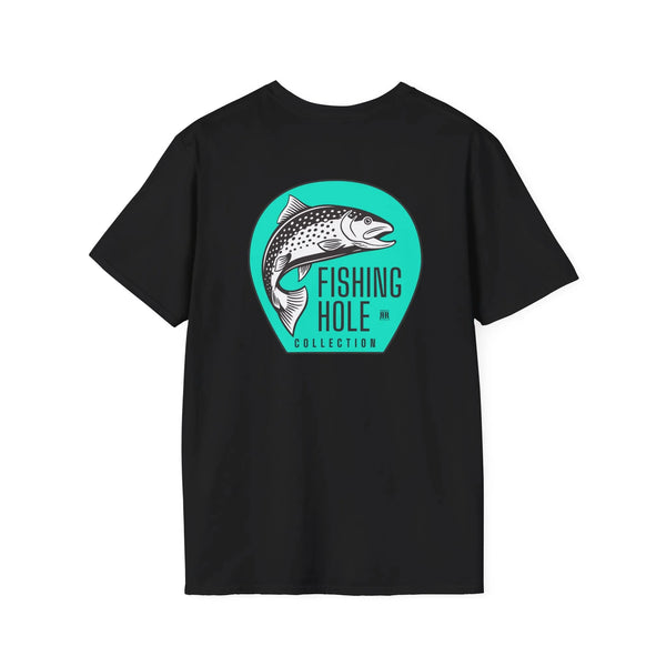 Black back graphic T-shirt with large circular fish logo centered on the back