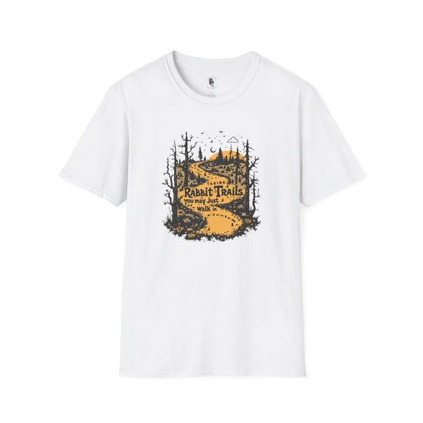 White softstyle T-shirt with “Rabbit Trails” outdoor forest graphic and rabbit