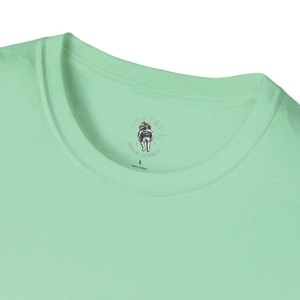 Men's western graphic T-shirt with cowboy space print on back; mint green crew neck