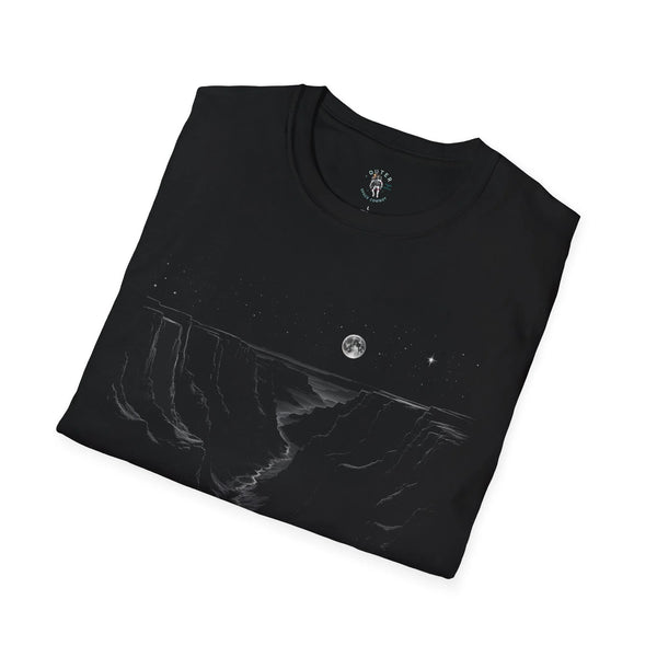 Black western graphic T-shirt, angled view with moon and canyon scene