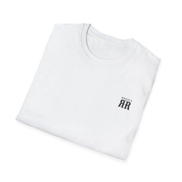 White crewneck graphic T-shirt with small dark western logo on chest