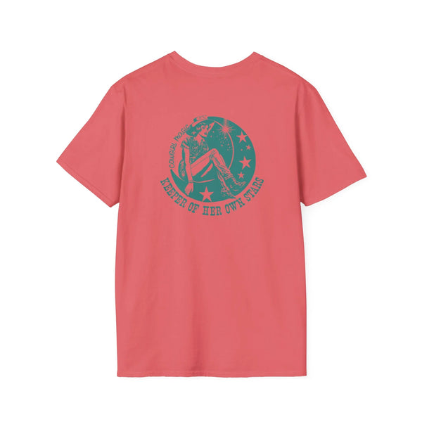 Coral crew-neck tee with large circular cowboy graphic on front