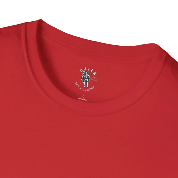 Red crew-neck tee neckline with astronaut-style logo print.