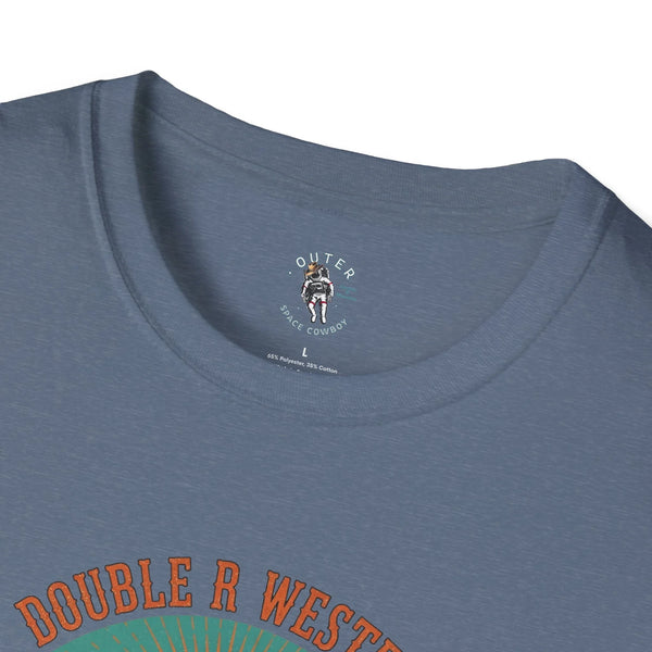 Heather indigo T-shirt neckline with small circular “OUTER SPACE COWBOY” chest logo