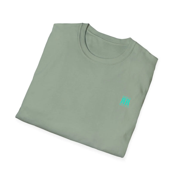 Sage green back graphic T-shirt with small teal logo on the upper right