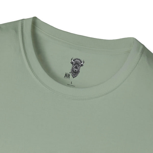 Sage green T-shirt neckline with small bull head graphic
