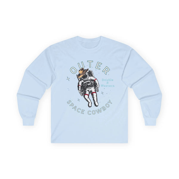 Charcoal dark long-sleeve graphic tee with cowboy astronaut and “Outer Space Cowboy” text.