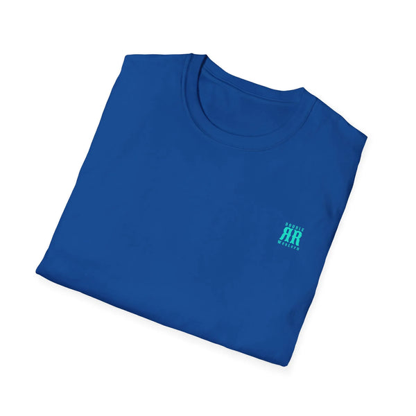Royal blue back graphic T-shirt with small teal logo on the upper right