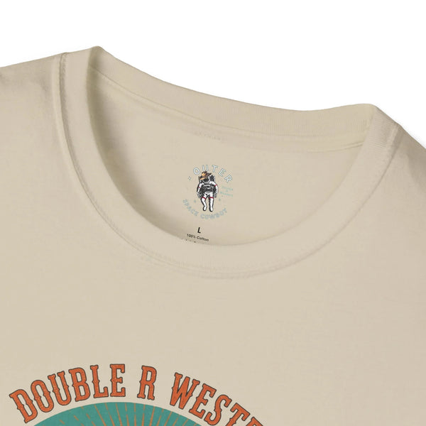 Beige crew-neck T-shirt close-up with small “Outer …” collar logo