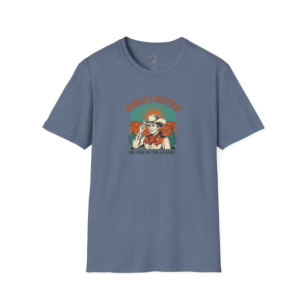 Heather blue western graphic T-shirt with cowboy hat logo on the front