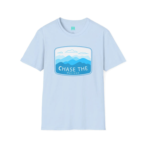 Light blue crew-neck western wear T-shirt with 'Chase the Horizon' landscape graphic