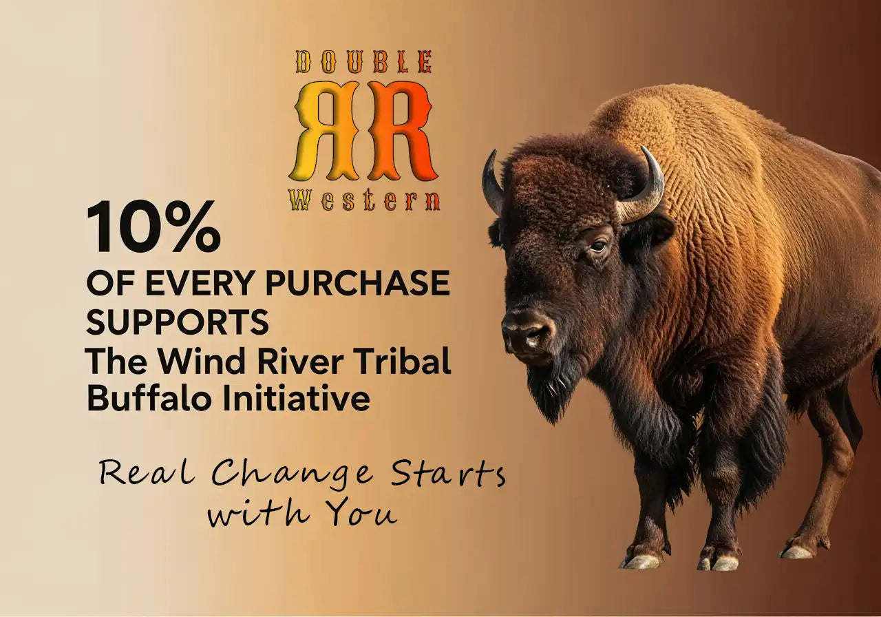 An advertisement for Double RR Western, featuring a buffalo and text about supporting the Wind River Tribal Buffalo Initiative.