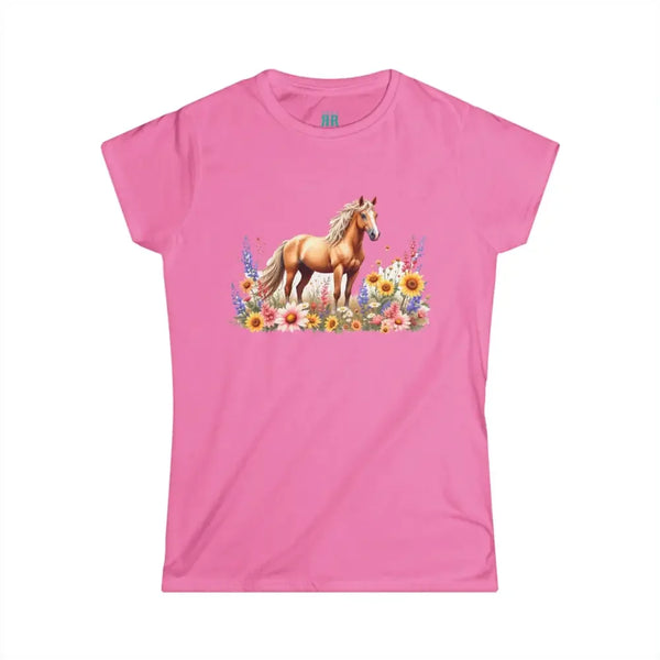 Pink softstyle graphic T-shirt with horse and wildflower print, crew neck
