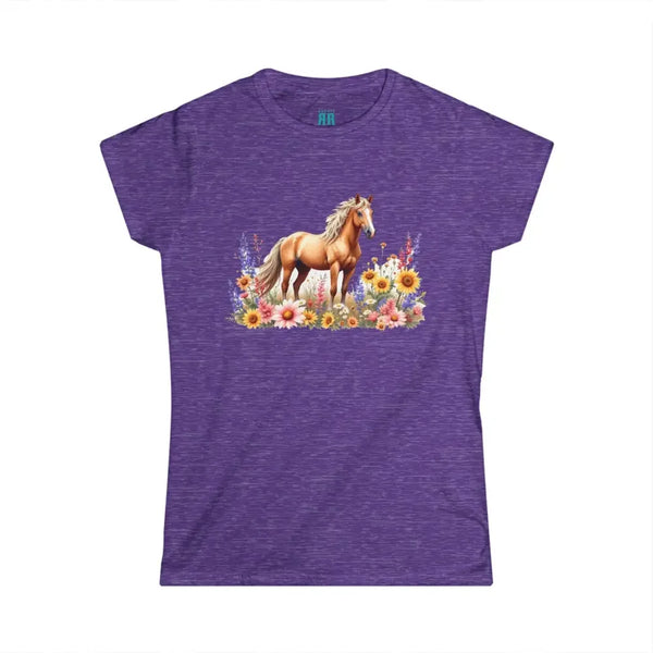 Purple heather graphic T-shirt with horse and wildflower print across chest