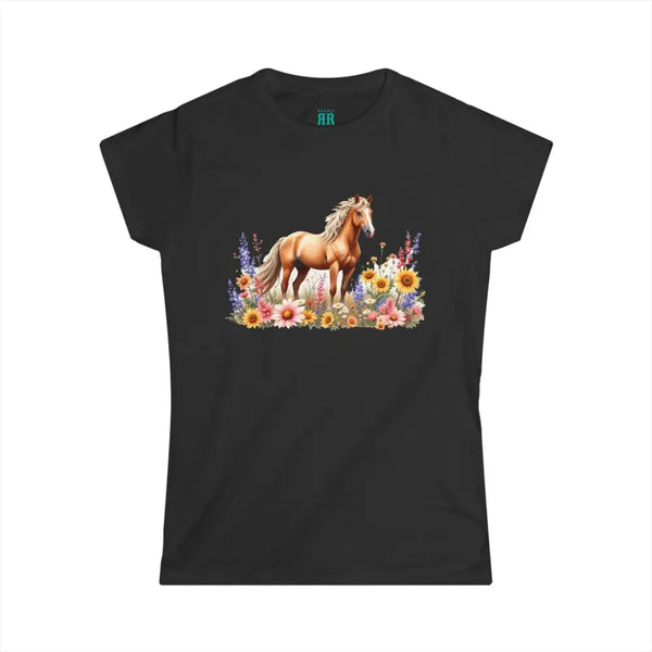 Black graphic T-shirt with horse and wildflower print across chest