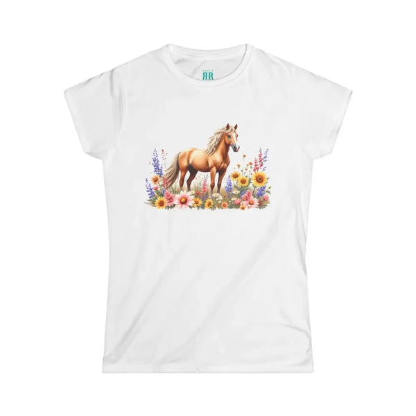 White graphic T-shirt with horse and wildflower print across chest