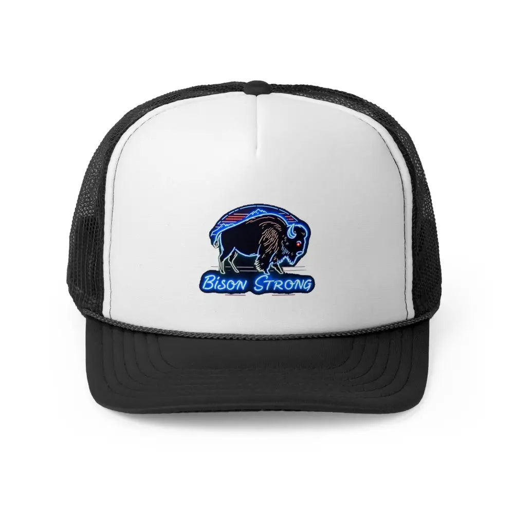 Bison Strong Midnight Edition Trucker Hat – Neon Western Bison Cap (Black Royal Red/White/Blue) | Double R Western™