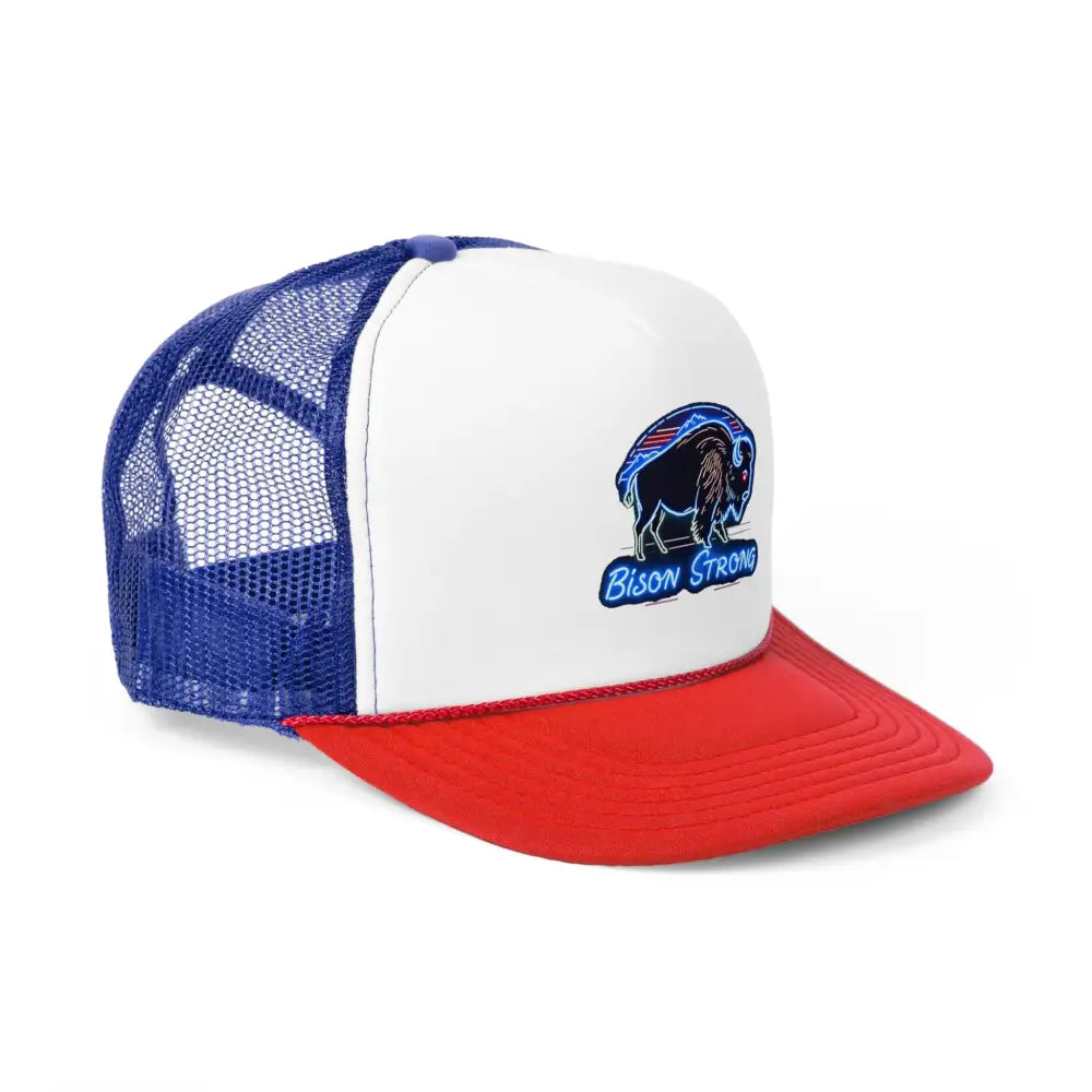 Bison Strong Midnight Edition Trucker Hat – Neon Western Bison Cap (Black Royal Red/White/Blue) | Double R Western™ Hats
