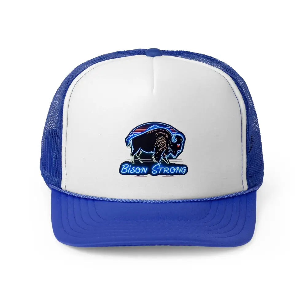 Bison Strong Midnight Edition Trucker Hat – Neon Western Bison Cap (Black Royal Red/White/Blue) | Double R Western™