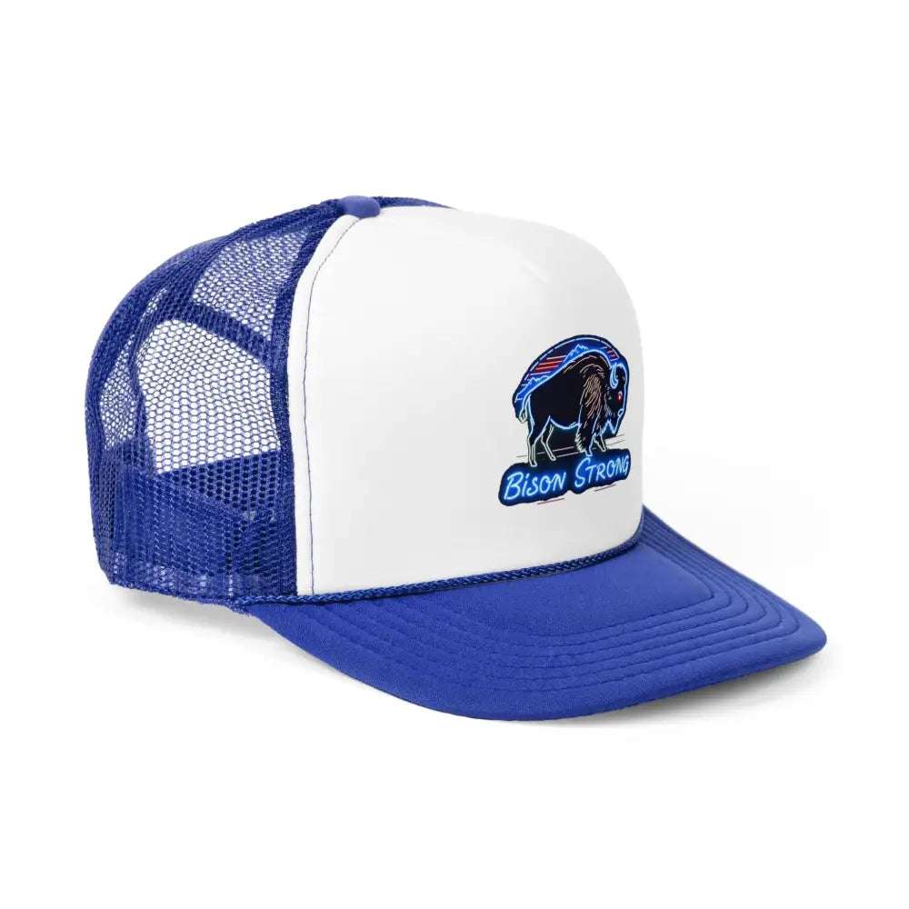 Bison Strong Midnight Edition Trucker Hat – Neon Western Bison Cap (Black Royal Red/White/Blue) | Double R Western™ Hats