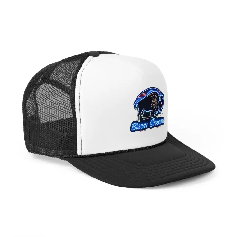 Bison Strong Midnight Edition Trucker Hat – Neon Western Bison Cap (Black Royal Red/White/Blue) | Double R Western™ Hats